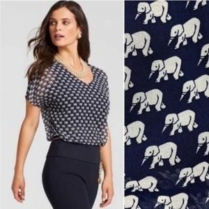 Cabi Parade Blouse 5345 Top $89 Elephant Print Women Size Small Navy Blue White
